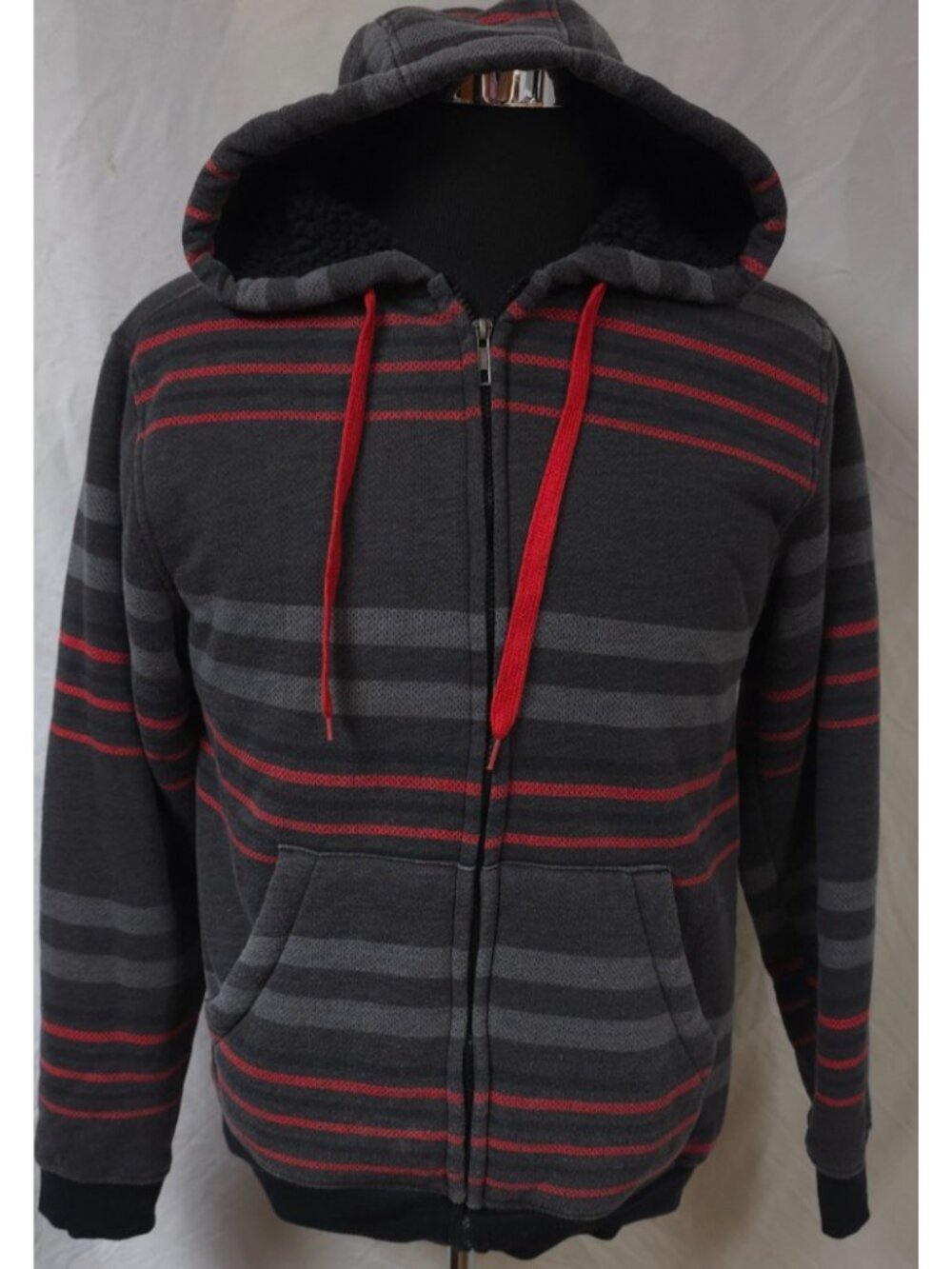 Route 66 Mens Medium Grey Stripe Full Zip Sherpa Lined Hooded Fleece Jacket